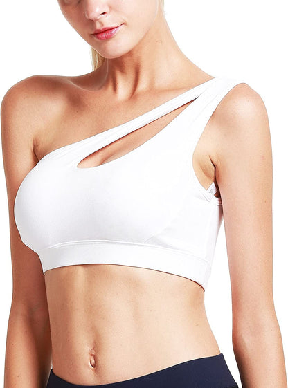 One Shoulder Sports Bra Removable Padded Yoga Top Post-Surgery Wirefree Sexy Cute Medium Support A-white / Large