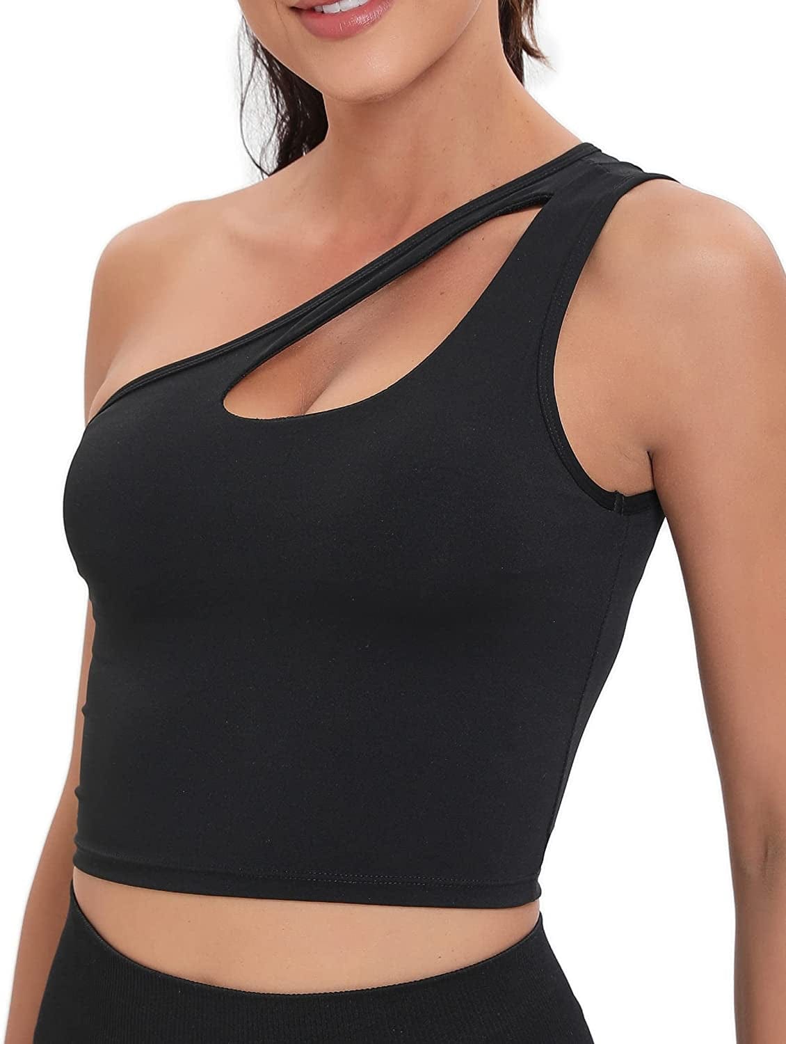 One Shoulder Sports Bra Removable Padded Yoga Top Post-Surgery Wirefree Sexy Cute Medium Support #2 Black / Medium