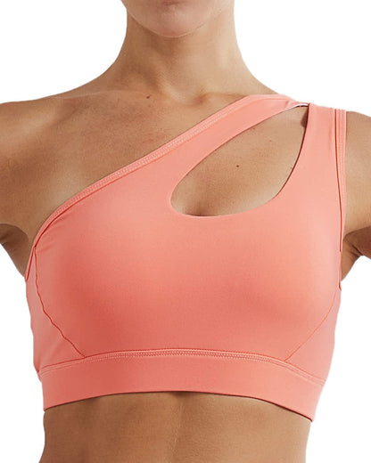 One Shoulder Sports Bra Removable Padded Yoga Top Post-Surgery Wirefree Sexy Cute Medium Support #1 Hotpink / XX-Large
