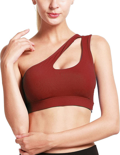 One Shoulder Sports Bra Removable Padded Yoga Top Post-Surgery Wirefree Sexy Cute Medium Support A-wine Red / Medium