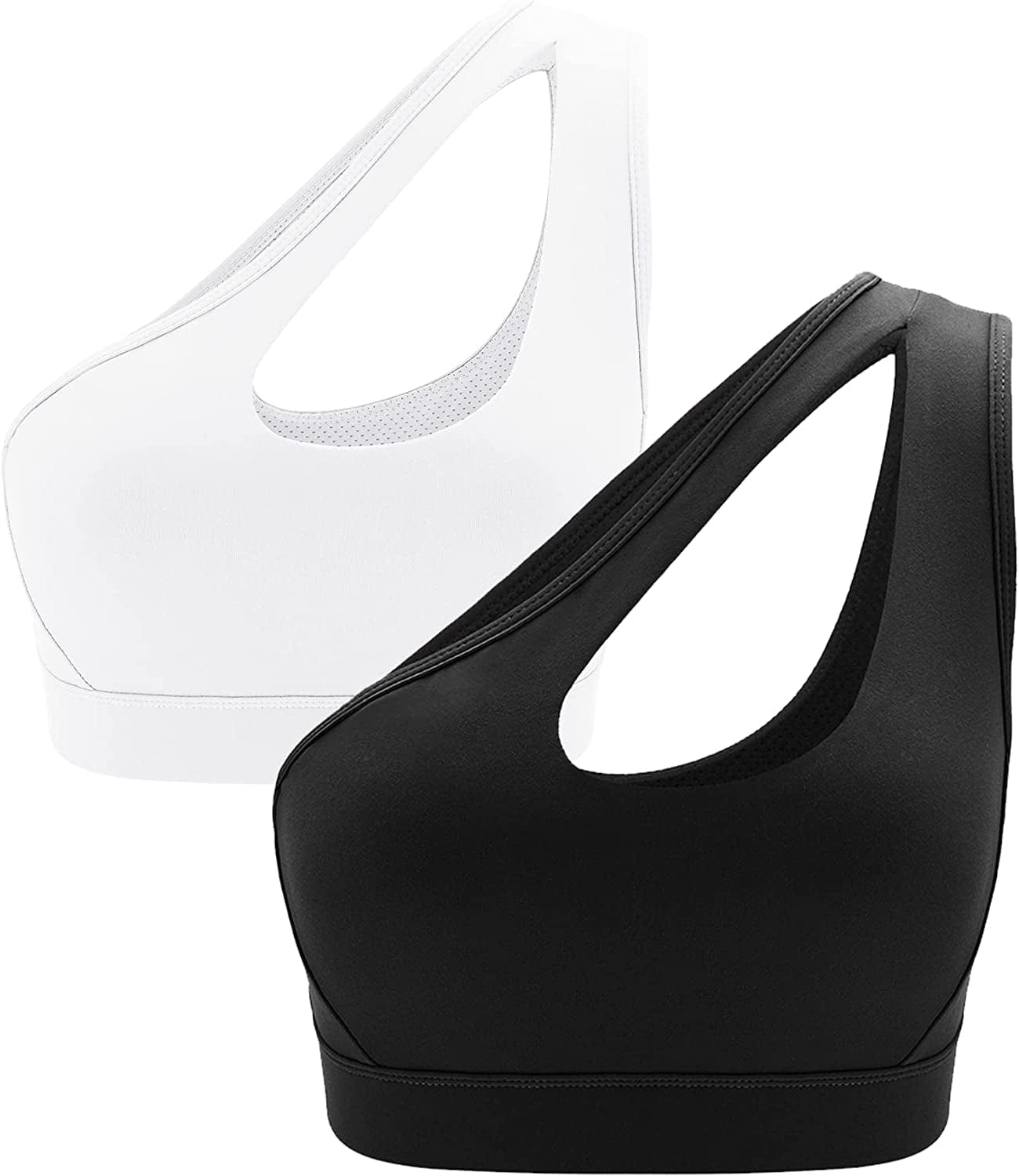 One Shoulder Sports Bra Removable Padded Yoga Top Post-Surgery Wirefree Sexy Cute Medium Support #1 Bw / Large