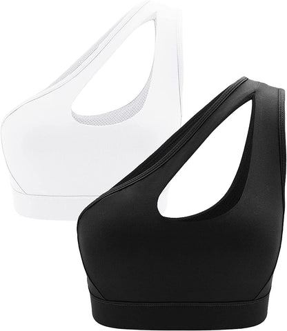 One Shoulder Sports Bra Removable Padded Yoga Top Post-Surgery Wirefree Sexy Cute Medium Support #1 Bw / Large
