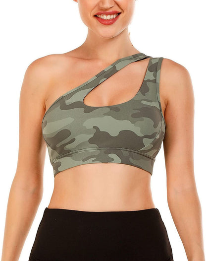 One Shoulder Sports Bra Removable Padded Yoga Top Post-Surgery Wirefree Sexy Cute Medium Support #1 Camo Green / Large