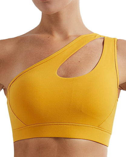 One Shoulder Sports Bra Removable Padded Yoga Top Post-Surgery Wirefree Sexy Cute Medium Support #1 Yellow / Medium