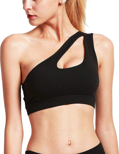 One Shoulder Sports Bra Removable Padded Yoga Top Post-Surgery Wirefree Sexy Cute Medium Support #1 Black / XX-Large