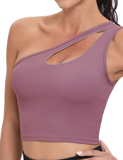 One Shoulder Sports Bra Removable Padded Yoga Top Post-Surgery Wirefree Sexy Cute Medium Support #2 Purple / Medium