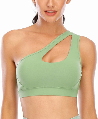 One Shoulder Sports Bra Removable Padded Yoga Top Post-Surgery Wirefree Sexy Cute Medium Support #1 Forest Green / Medium