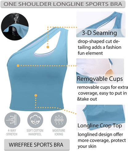 One Shoulder Sports Bra Removable Padded Yoga Top Post-Surgery Wirefree Sexy Cute Medium Support