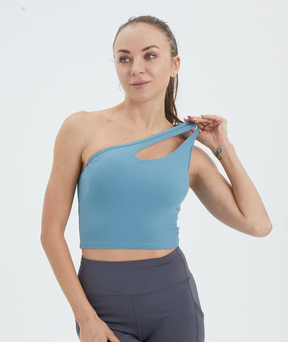 One Shoulder Sports Bra Removable Padded Yoga Top Post-Surgery Wirefree Sexy Cute Medium Support