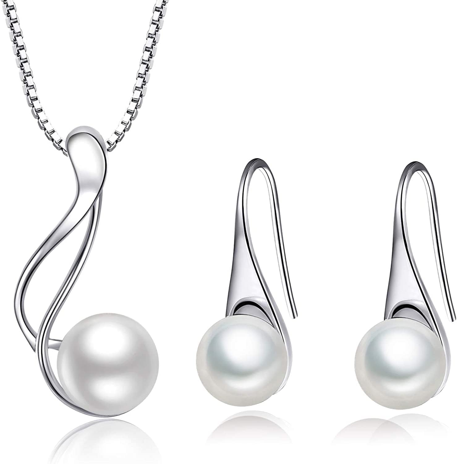Onesight Sterling Silver Freshwater Cultured Pearl Jewelry Necklace Earrings Set for Women (White Pearl or Dark Blue Pearl) Longer Pearl Earrings Necklace Sets