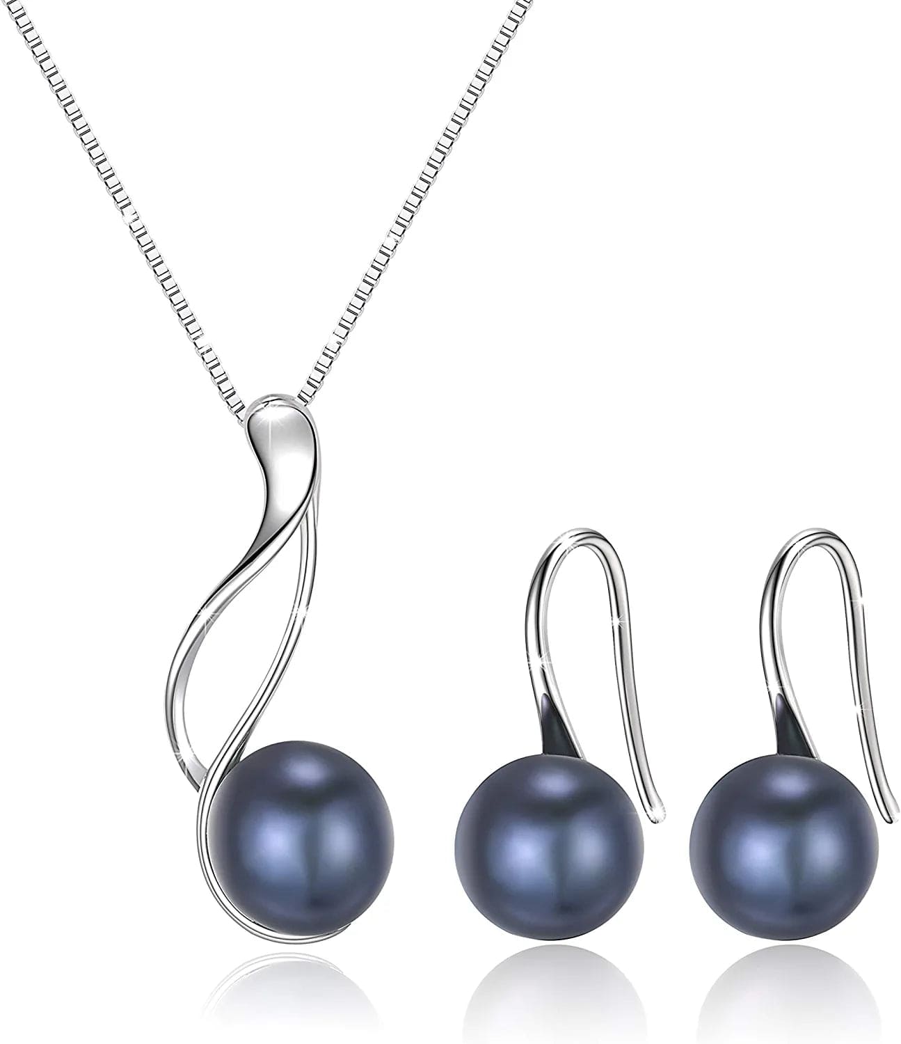 Onesight Sterling Silver Freshwater Cultured Pearl Jewelry Necklace Earrings Set for Women (White Pearl or Dark Blue Pearl) Black Classic Pearl Earrings Necklace Sets