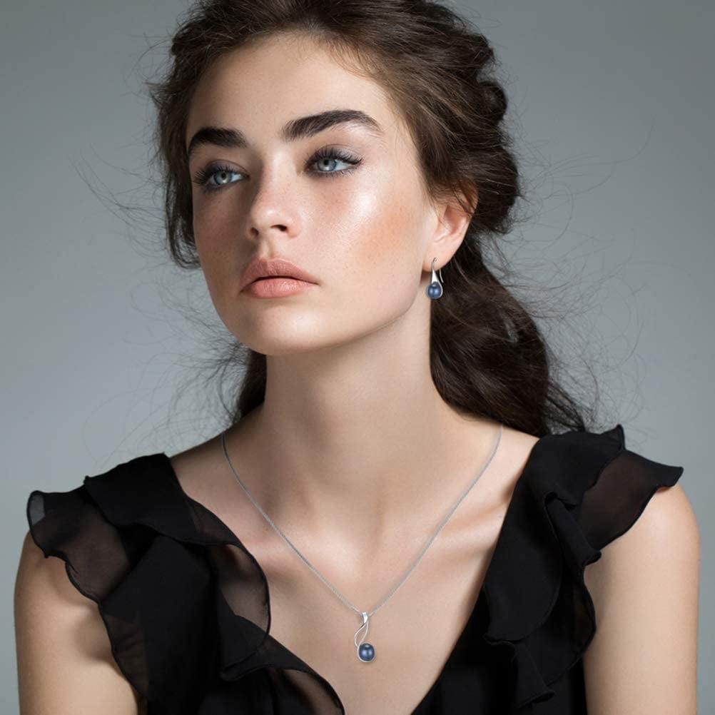 Onesight Sterling Silver Freshwater Cultured Pearl Jewelry Necklace Earrings Set for Women (White Pearl or Dark Blue Pearl)