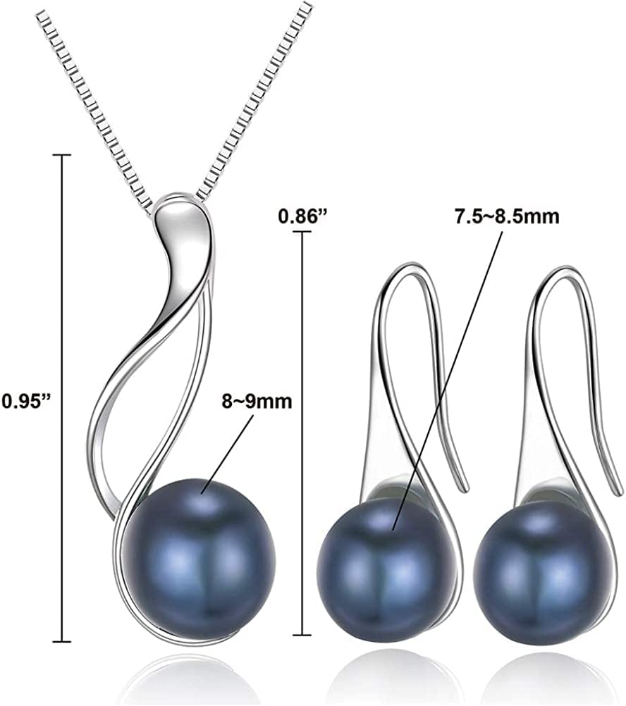 Onesight Sterling Silver Freshwater Cultured Pearl Jewelry Necklace Earrings Set for Women (White Pearl or Dark Blue Pearl)