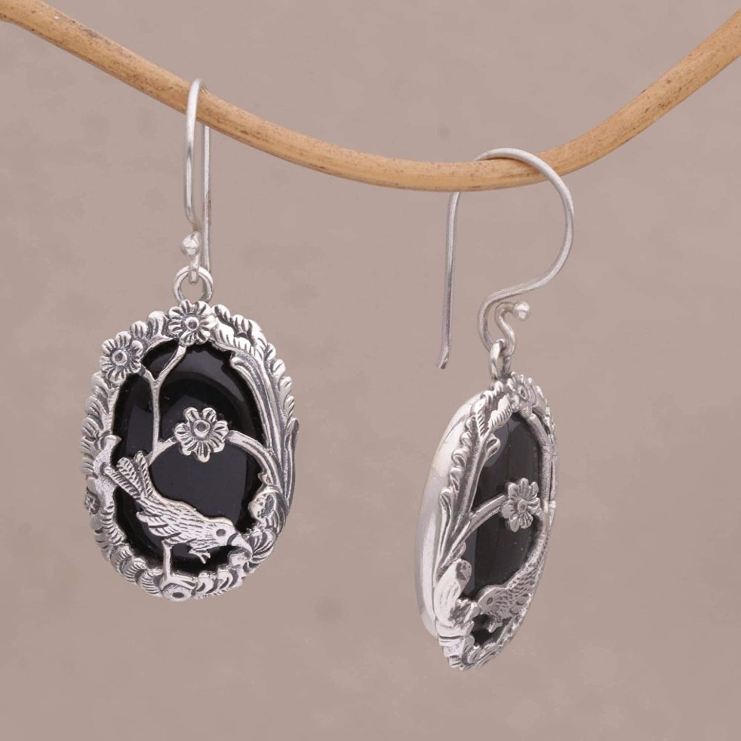 Onyx .925 Sterling Silver Dangle Bird and Flower Earrings 'Curious Bird'