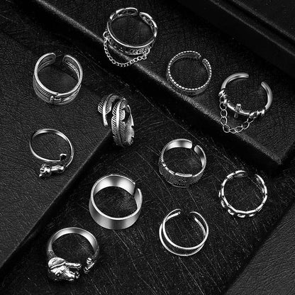 Open Rings Frog Leaf Chain Adjustable Ring for Women Men Girls Punk Vintage Gothic Stackable Ring Jewelry Set VINTAGE STYLE