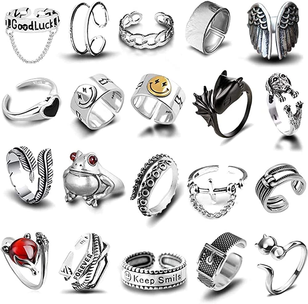 Open Rings Frog Leaf Chain Adjustable Ring for Women Men Girls Punk Vintage Gothic Stackable Ring Jewelry Set VINTAGE STYLE