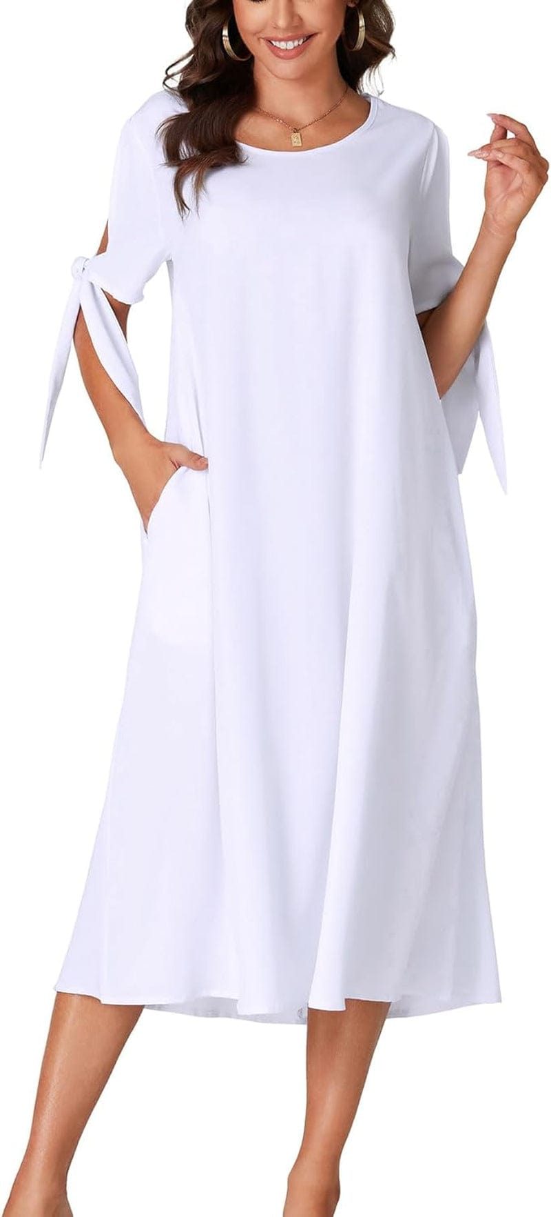 OPOIPIN Women'S Causal Crewneck Self Tie Short Sleeve Flowy Midi Dress with Pockets White / Large
