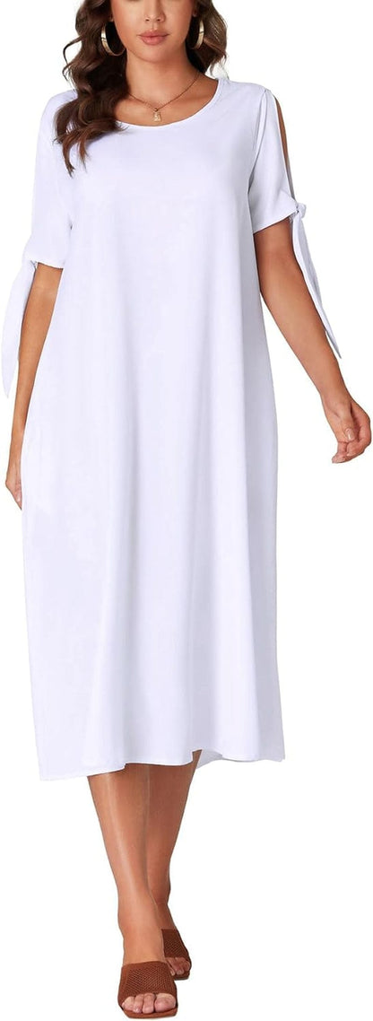 OPOIPIN Women'S Causal Crewneck Self Tie Short Sleeve Flowy Midi Dress with Pockets