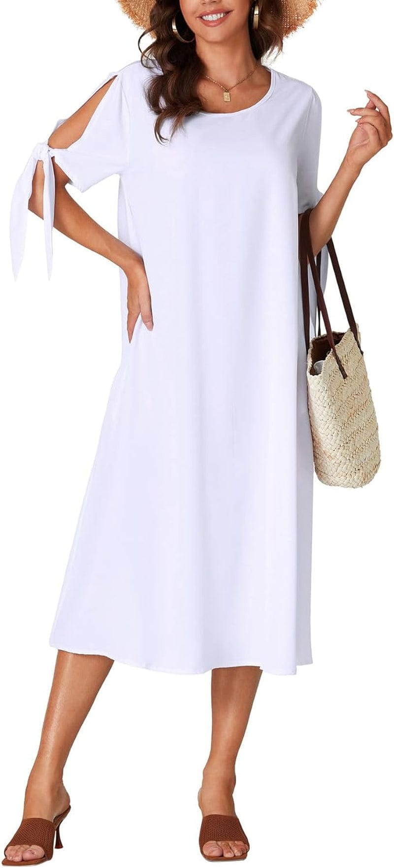 OPOIPIN Women'S Causal Crewneck Self Tie Short Sleeve Flowy Midi Dress with Pockets
