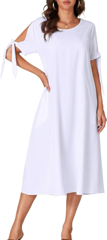OPOIPIN Women'S Causal Crewneck Self Tie Short Sleeve Flowy Midi Dress with Pockets