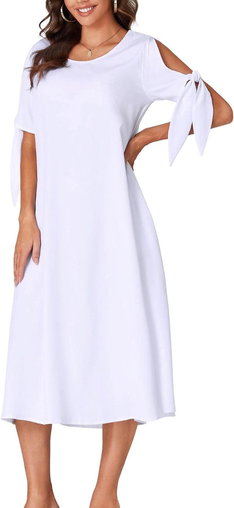 OPOIPIN Women'S Causal Crewneck Self Tie Short Sleeve Flowy Midi Dress with Pockets