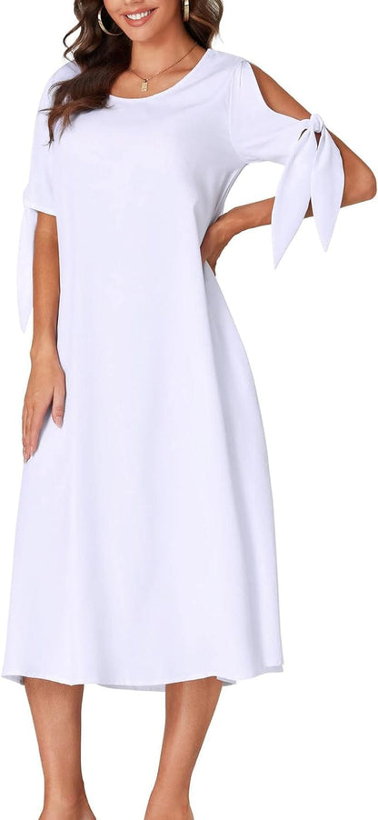 OPOIPIN Women'S Causal Crewneck Self Tie Short Sleeve Flowy Midi Dress with Pockets