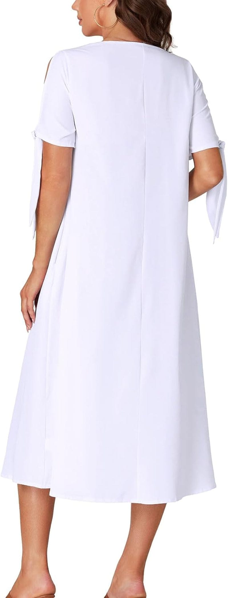 OPOIPIN Women'S Causal Crewneck Self Tie Short Sleeve Flowy Midi Dress with Pockets