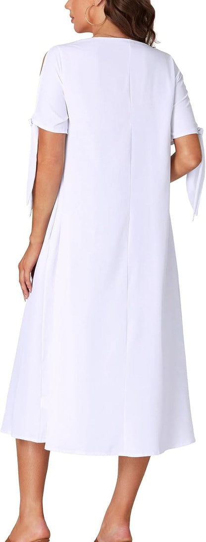 OPOIPIN Women'S Causal Crewneck Self Tie Short Sleeve Flowy Midi Dress with Pockets
