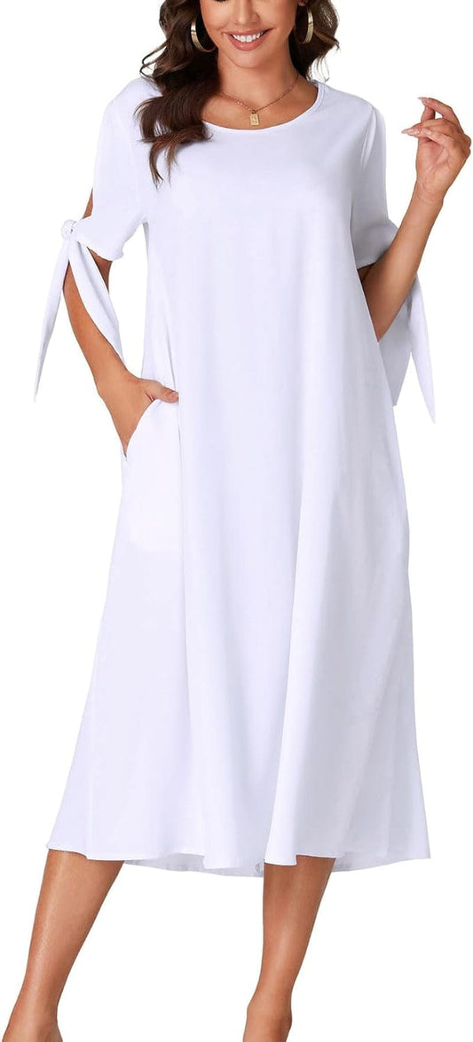 OPOIPIN Women'S Causal Crewneck Self Tie Short Sleeve Flowy Midi Dress with Pockets
