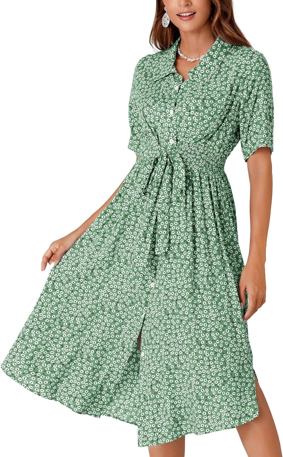 OPOIPIN Women'S Collar V Neck Short Sleeve Boho Floral Print Waist Tie Button Front Midi Dress Green / Large