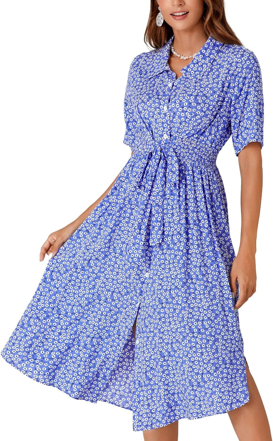 OPOIPIN Women'S Collar V Neck Short Sleeve Boho Floral Print Waist Tie Button Front Midi Dress Azure / Medium