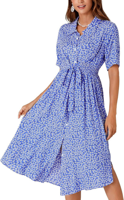 OPOIPIN Women'S Collar V Neck Short Sleeve Boho Floral Print Waist Tie Button Front Midi Dress Azure / Medium