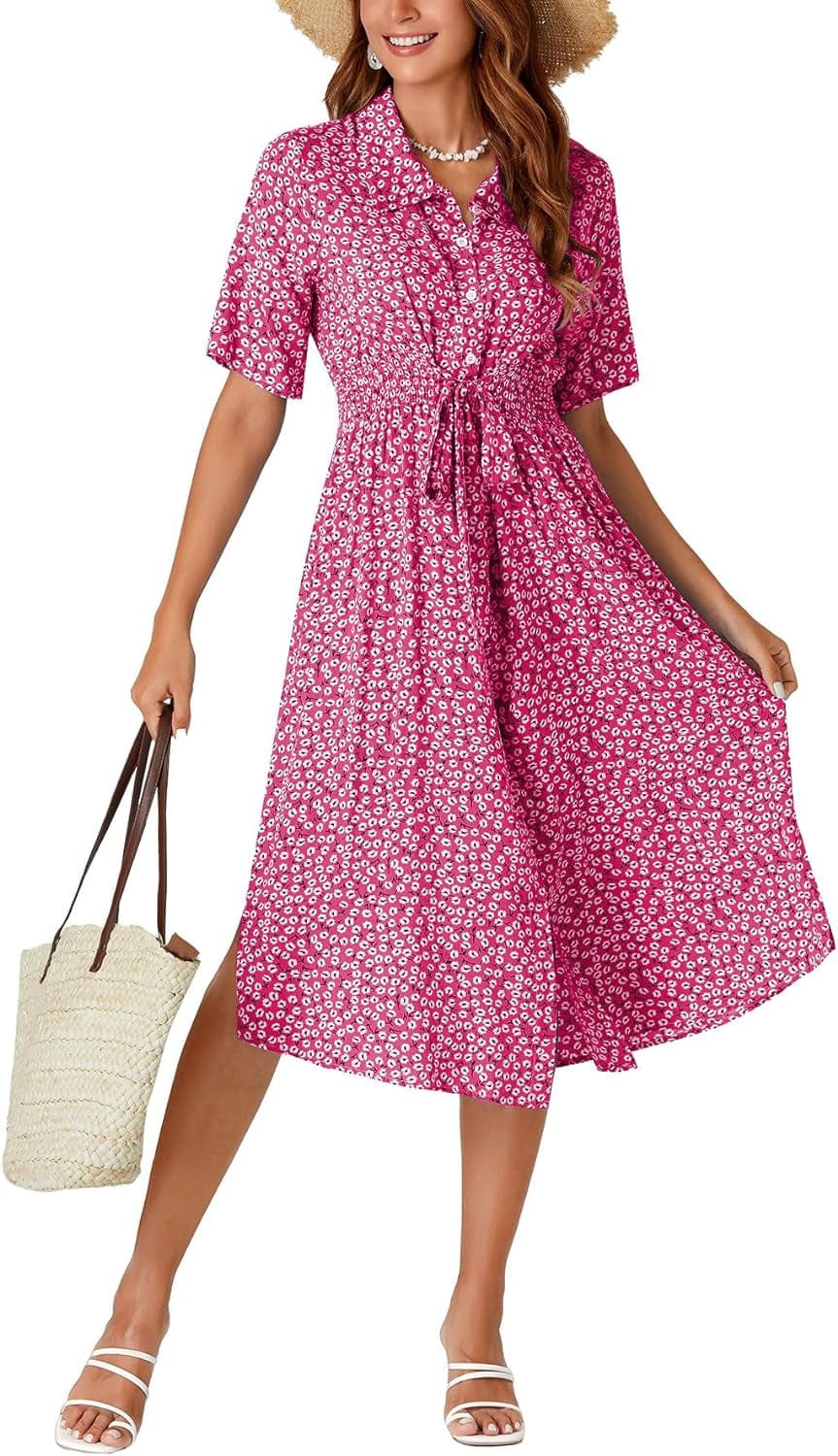 OPOIPIN Women'S Collar V Neck Short Sleeve Boho Floral Print Waist Tie Button Front Midi Dress