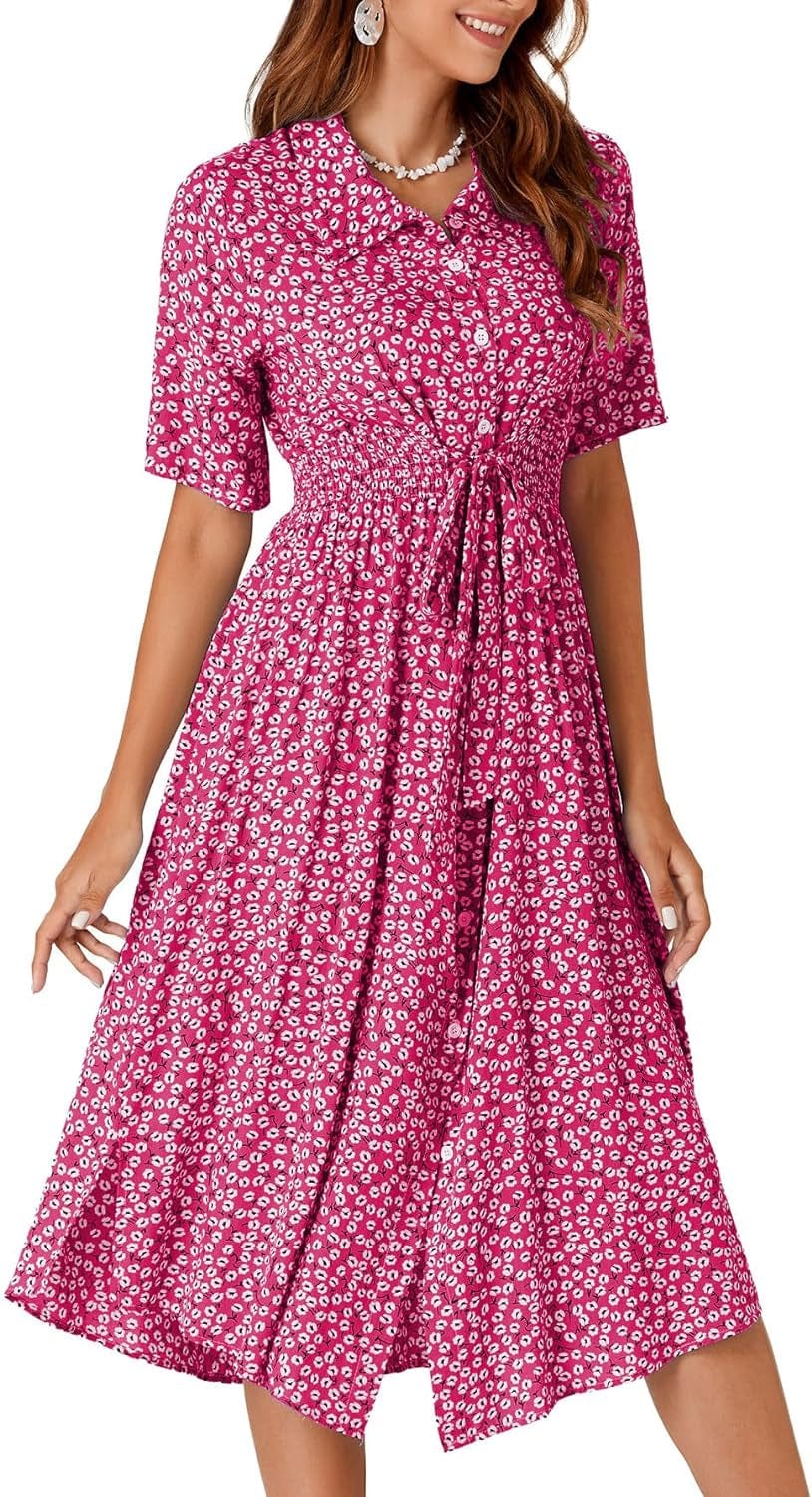 OPOIPIN Women'S Collar V Neck Short Sleeve Boho Floral Print Waist Tie Button Front Midi Dress