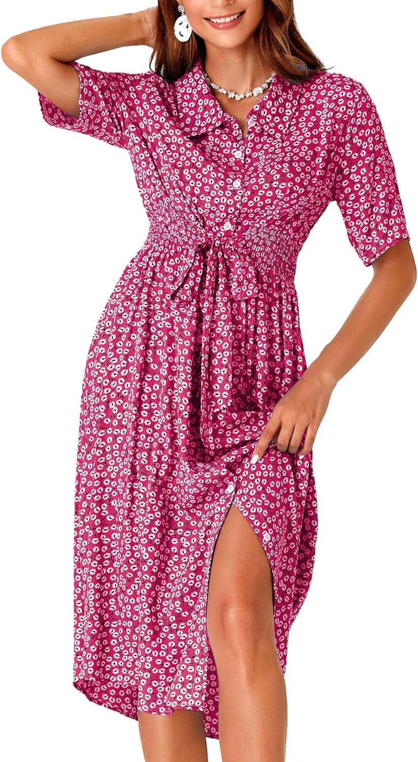 OPOIPIN Women'S Collar V Neck Short Sleeve Boho Floral Print Waist Tie Button Front Midi Dress