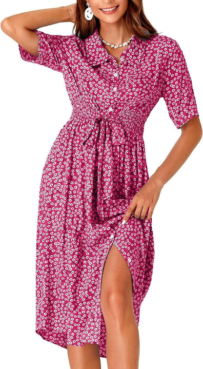 OPOIPIN Women'S Collar V Neck Short Sleeve Boho Floral Print Waist Tie Button Front Midi Dress
