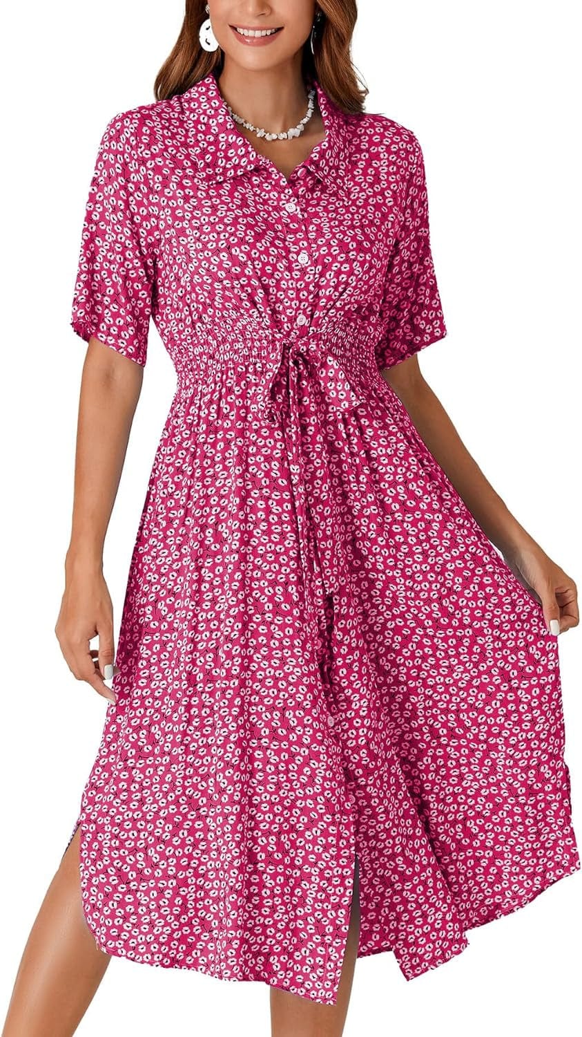 OPOIPIN Women'S Collar V Neck Short Sleeve Boho Floral Print Waist Tie Button Front Midi Dress