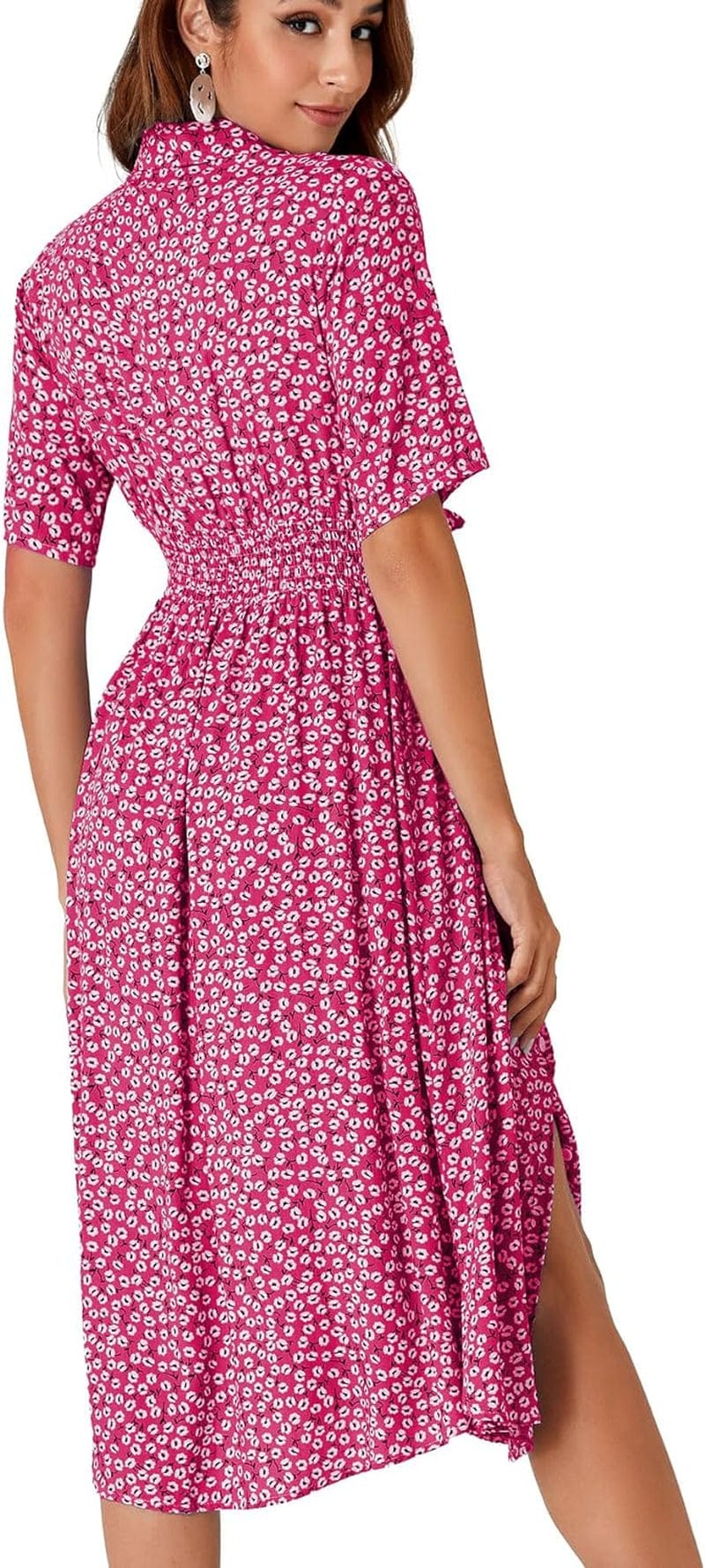 OPOIPIN Women'S Collar V Neck Short Sleeve Boho Floral Print Waist Tie Button Front Midi Dress