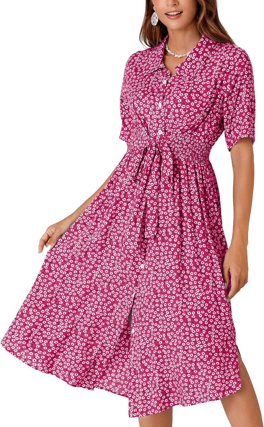 OPOIPIN Women'S Collar V Neck Short Sleeve Boho Floral Print Waist Tie Button Front Midi Dress