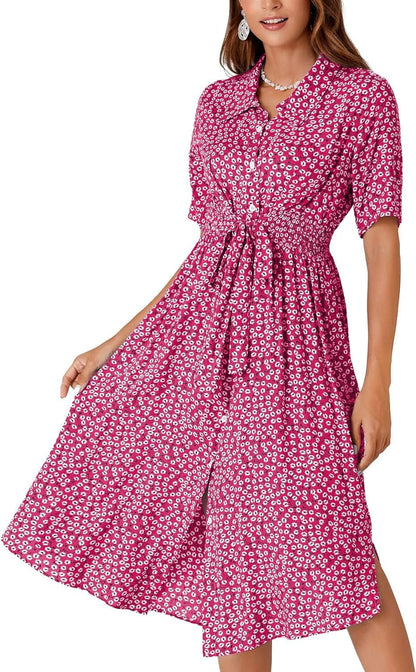 OPOIPIN Women'S Collar V Neck Short Sleeve Boho Floral Print Waist Tie Button Front Midi Dress