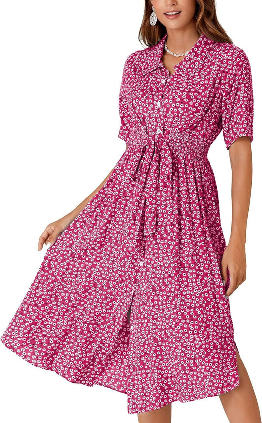 OPOIPIN Women'S Collar V Neck Short Sleeve Boho Floral Print Waist Tie Button Front Midi Dress