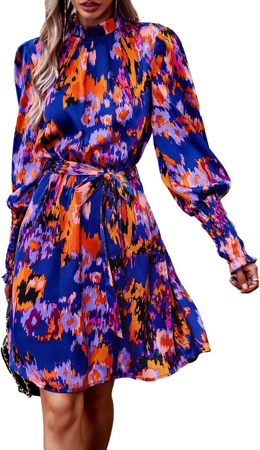 OPOIPIN Women'S Mock Neck Shirred Long Sleeve Paisley Print a Line Swing Short Dress Blue / Large