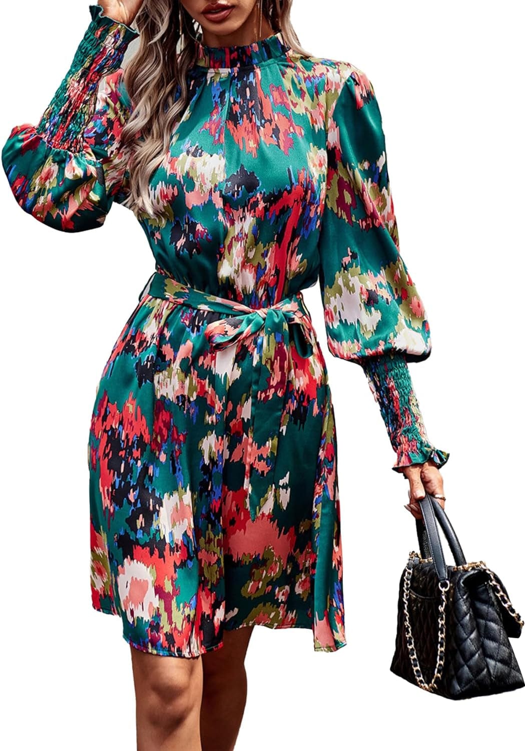 OPOIPIN Women'S Mock Neck Shirred Long Sleeve Paisley Print a Line Swing Short Dress