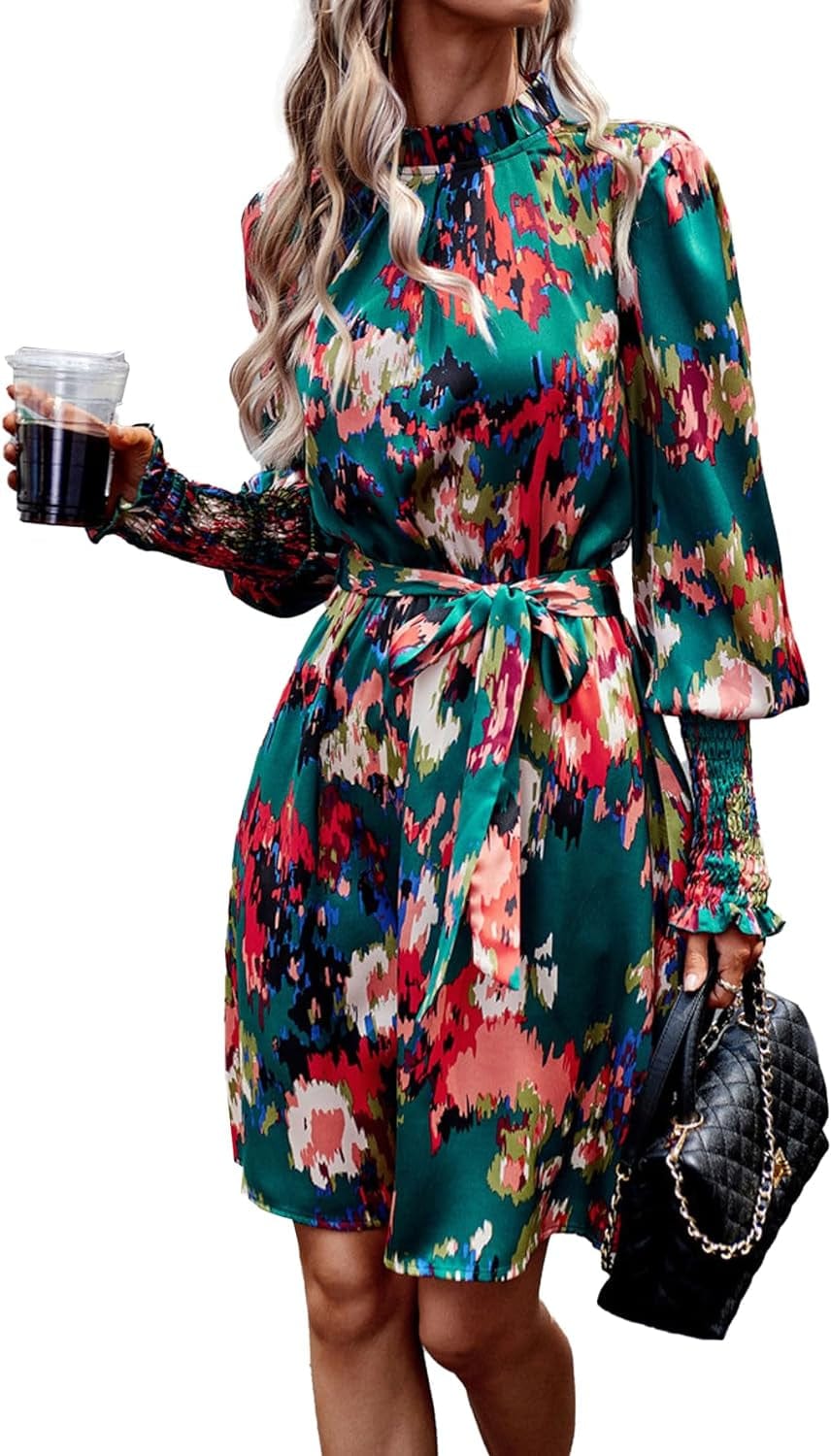 OPOIPIN Women'S Mock Neck Shirred Long Sleeve Paisley Print a Line Swing Short Dress