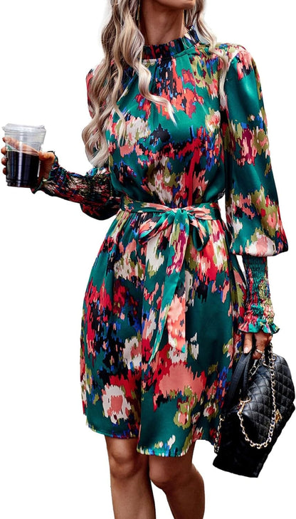 OPOIPIN Women'S Mock Neck Shirred Long Sleeve Paisley Print a Line Swing Short Dress