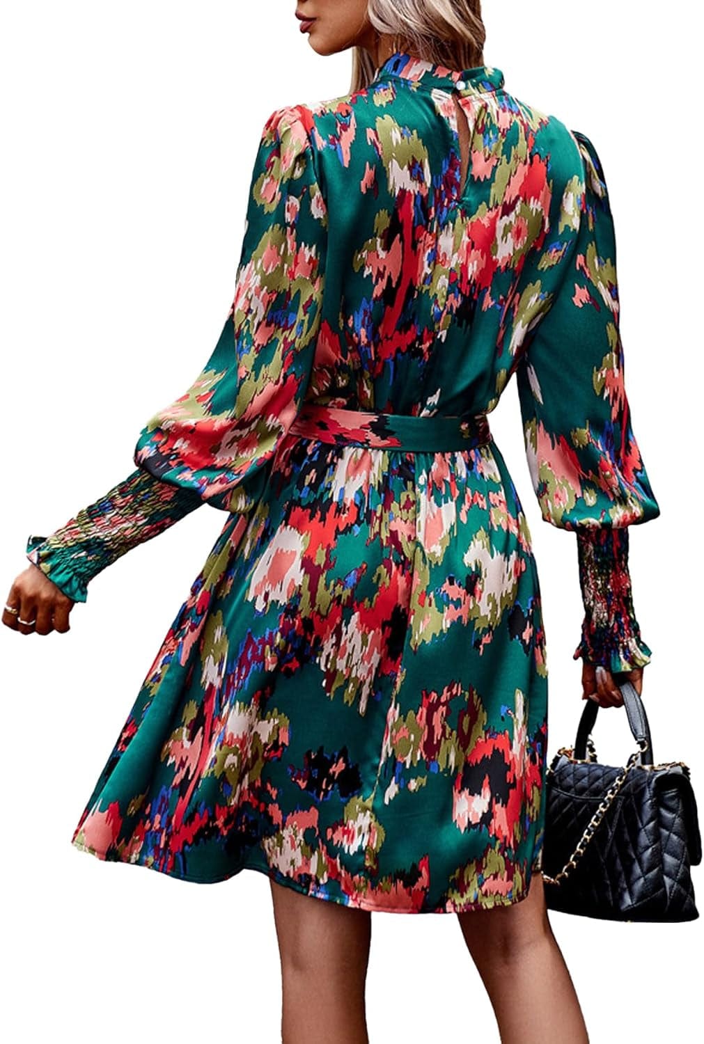 OPOIPIN Women'S Mock Neck Shirred Long Sleeve Paisley Print a Line Swing Short Dress