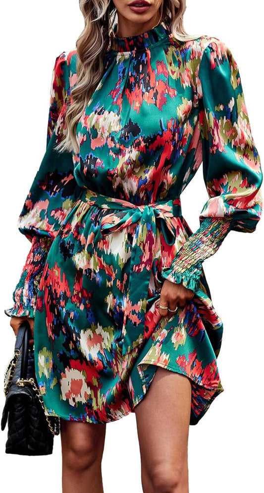 OPOIPIN Women'S Mock Neck Shirred Long Sleeve Paisley Print a Line Swing Short Dress