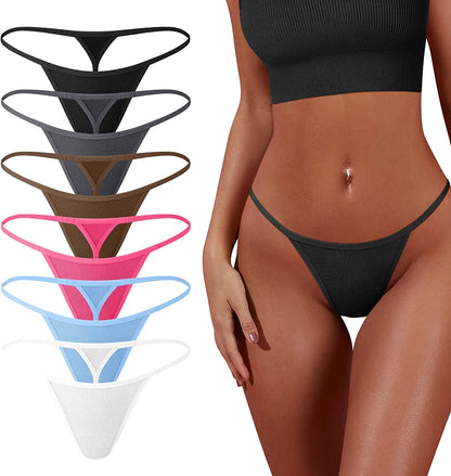 OQQ 6 Pack G-String Thongs for Women Cotton Panties Stretch T-Back Tangas Low Rise Hipster Sexy Underwear S-XL 1black,1grey,1coffee,1peachred,1candyblue,1white / X-Large