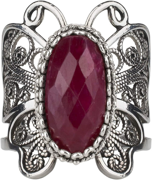 Ottoman Silver Collection 925 Sterling Silver Filigree Butterfly Designed Handcrafted Ring with Ruby Corundum Gemstone for You, Gift for Mother, Gift for Her 10