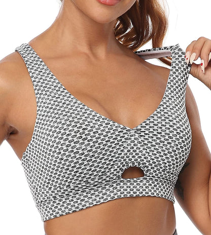 OUYISHANG Strappy Yoga Workout Sports Bras for Women Criss Cross Back Medium Support Running Bra with Removable Cups Textured Grey / Medium